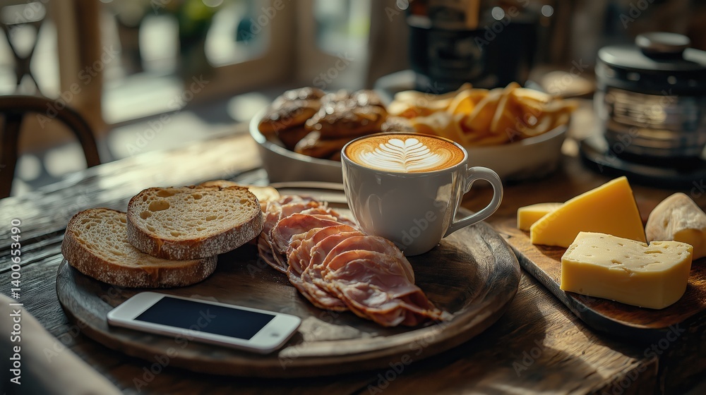 A cafe breakfast scene with coffee, bread, ham, cheese, and pastries A cafe breakfast scene with coffee, bread, ham, cheese, and pastries