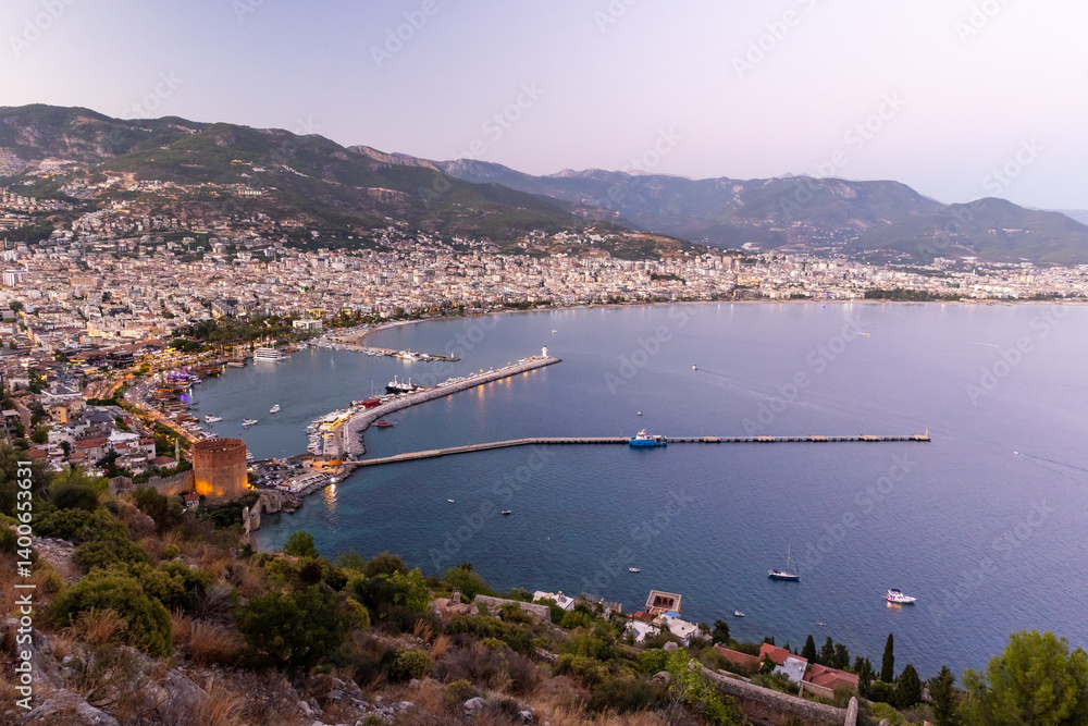 A stunning elevated view showing a large coastal city with a scenic harbor
