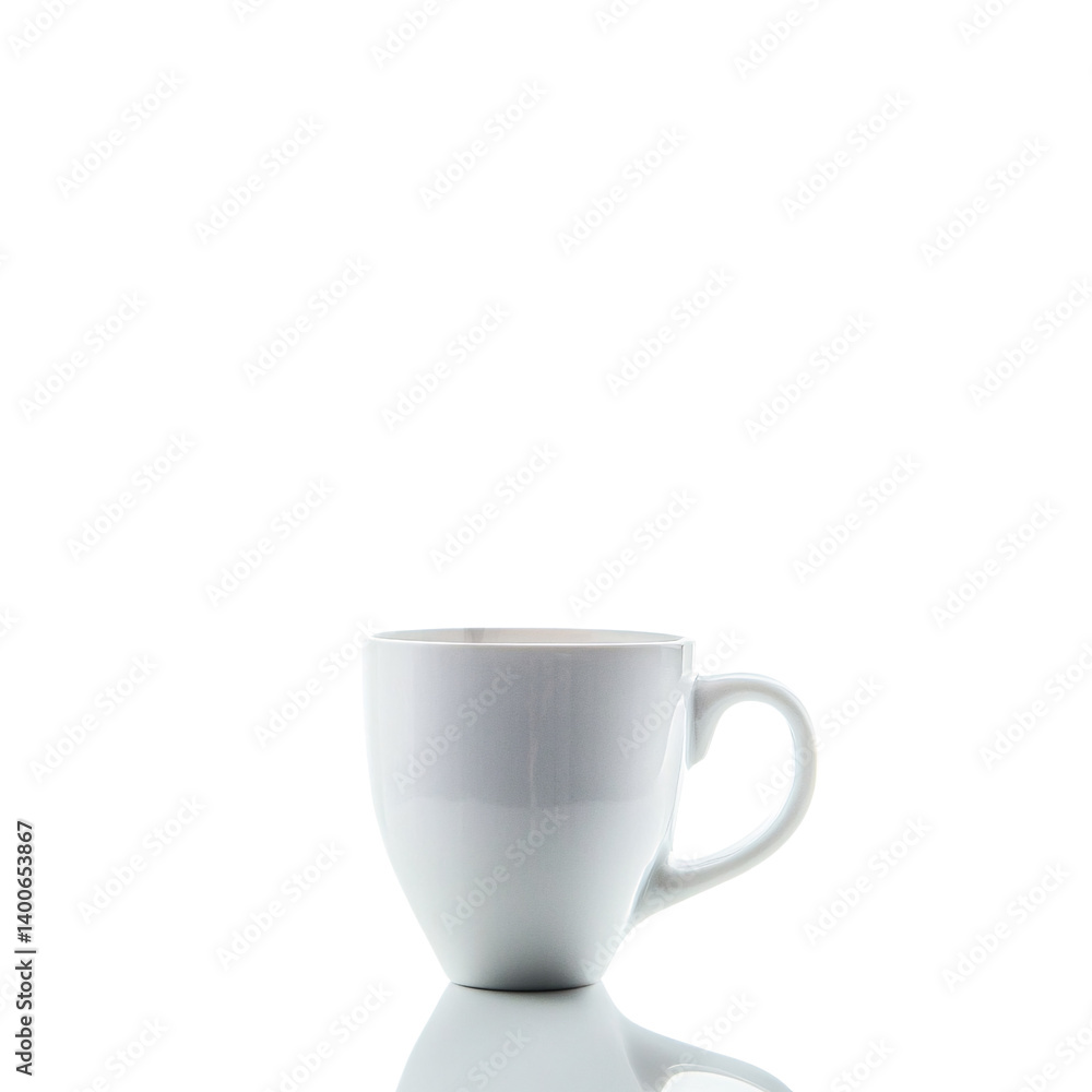 Elegant white ceramic mug on a reflective surface against a black background, showcasing simplicity and minimalism for coffee or tea Elegant white ceramic mug on a reflective surface against a black background, showcasing simplicity and minimalism for coffee or tea