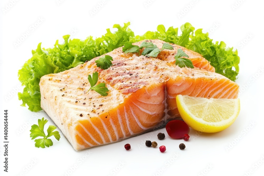 Cooked salmon fillet with herbs and lemon Cooked salmon fillet with herbs and lemon