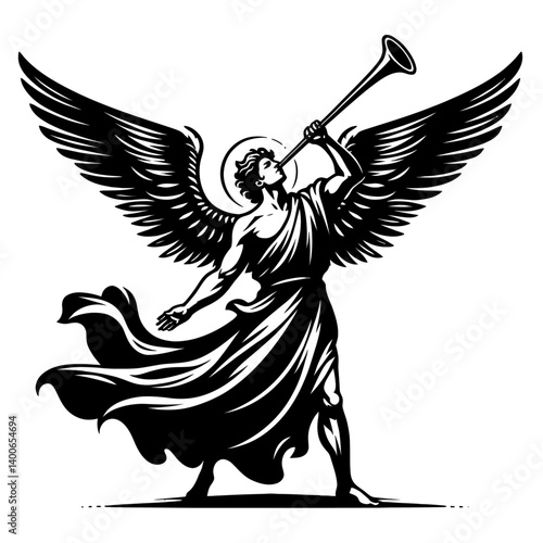 Silhoulette archangel blowing a long trumpet.ai