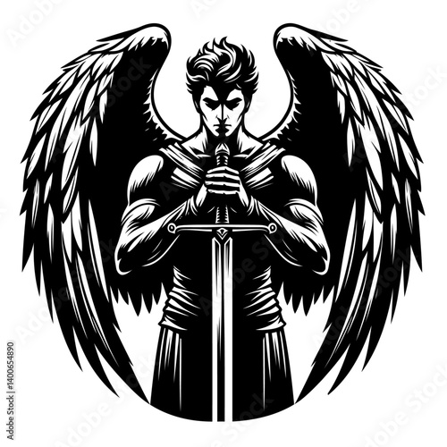 Silhoulette archangel lifting a sword.ai