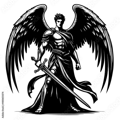 Silhoulette heroic archangel standing upright.ai