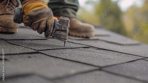 Roofing specialist securing asphalt shingles on a steep roof. Featuring craftsmanship and safety