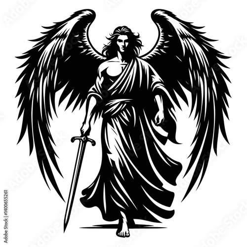 Silhoulette archangel walking forward with a sword.ai
