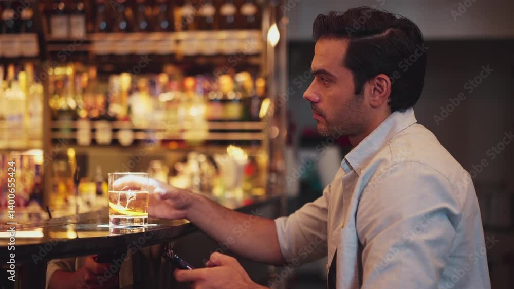 Smart man drinking cocktail in Old fashioned waiting friends or couple while chatting on smartphone to wait at counter bar with bartender preparing drinks at nightclub Friday meeting night. Vinosity. Smart man drinking cocktail in Old fashioned waiting friends or couple while chatting on smartphone to wait at counter bar with bartender preparing drinks at nightclub Friday meeting night. Vinosity.