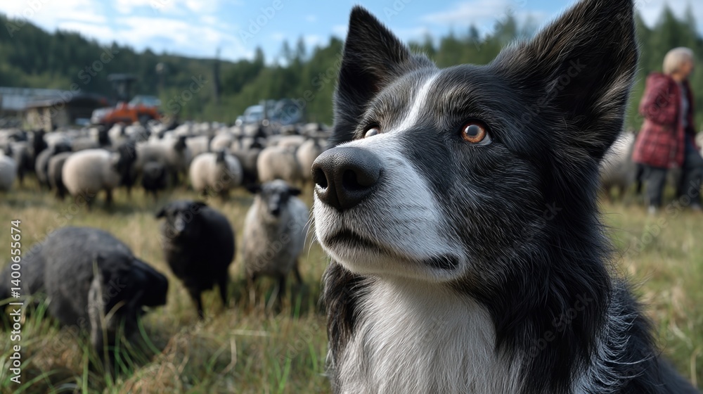 focused border collie in grassy field with sheep and shepherd in background, evoking sense of loyalty and purpose