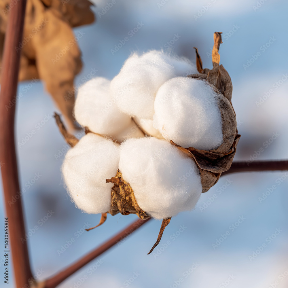 cotton boll against a soft, blue background. The cotton fibers are fluffy and white, emerging from the brown, dried bracts of the plant. The focus is on the natural texture cotton boll against a soft, blue background. The cotton fibers are fluffy and white, emerging from the brown, dried bracts of the plant. The focus is on the natural texture