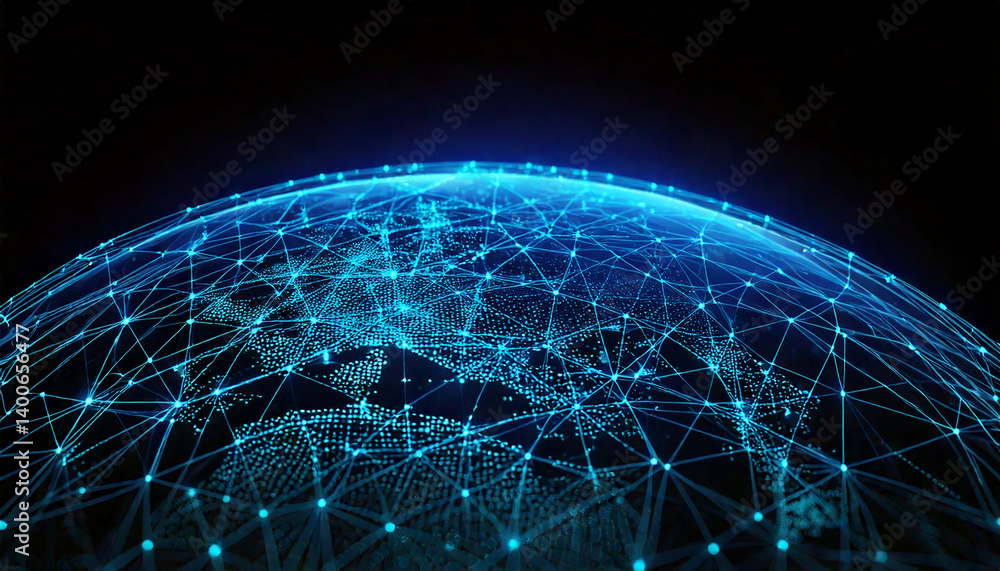El planeta tierra conectado por una red de puntos luminosos de neon creando un mapa de tecnología y comunicaciones El planeta tierra conectado por una red de puntos luminosos de neon creando un mapa de tecnología y comunicaciones