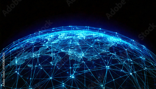 El planeta tierra conectado por una red de puntos luminosos de neon en un mapa de tecnología global, telecomunicaciones, internet mundial y redes inteligentes de comunicación conexión y futuro digital