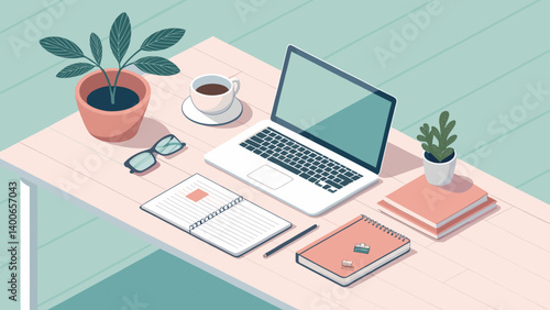 Minimal home office desk with laptop notebooks and plants