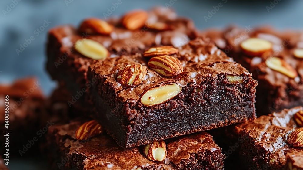 Chocolate brownies with gooey fudge center and crunchy almond topping