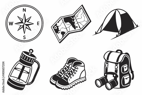 Outdoor Camping Hiking Icons Compass Map Tent Boots Backpack