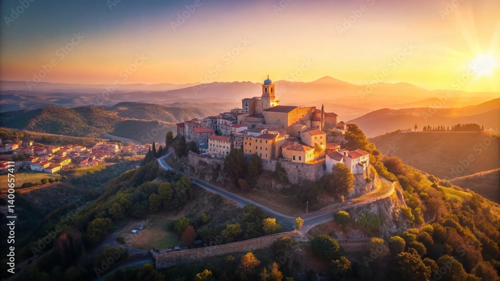 Obraz premium Aerial View of Sant Andrea di Suasa Hilltop Fortress Village, Italy - Summertime Minimalist Photography
