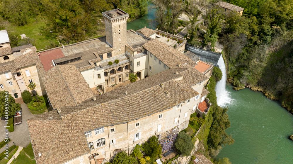 Aerial view of Isola del Liri, simply known as Isola Liri. It is an Italian city of Lazio, Italy, in the province of Frosinone. The town is famous for the waterfall in the historic center.