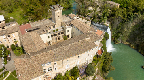 Obraz na płótnie Aerial view of Isola del Liri, simply known as Isola Liri. It is an Italian city of Lazio, Italy, in the province of Frosinone. The town is famous for the waterfall in the historic center. w salonie