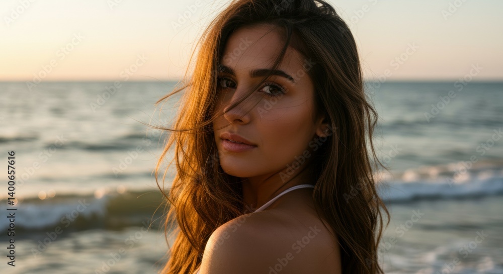 A golden hour close-up portrait of a woman with long brown hair and light skin, standing sideways near the beach, her body facing left while she gently turns her face toward the camera. A golden hour close-up portrait of a woman with long brown hair and light skin, standing sideways near the beach, her body facing left while she gently turns her face toward the camera.
