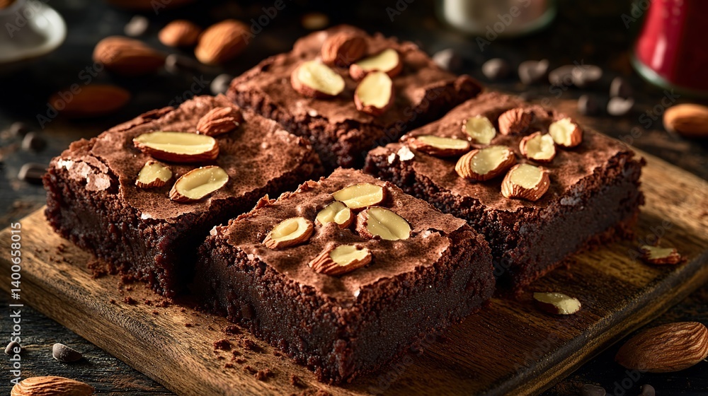 Chocolate brownies with gooey fudge center and crunchy almond topping