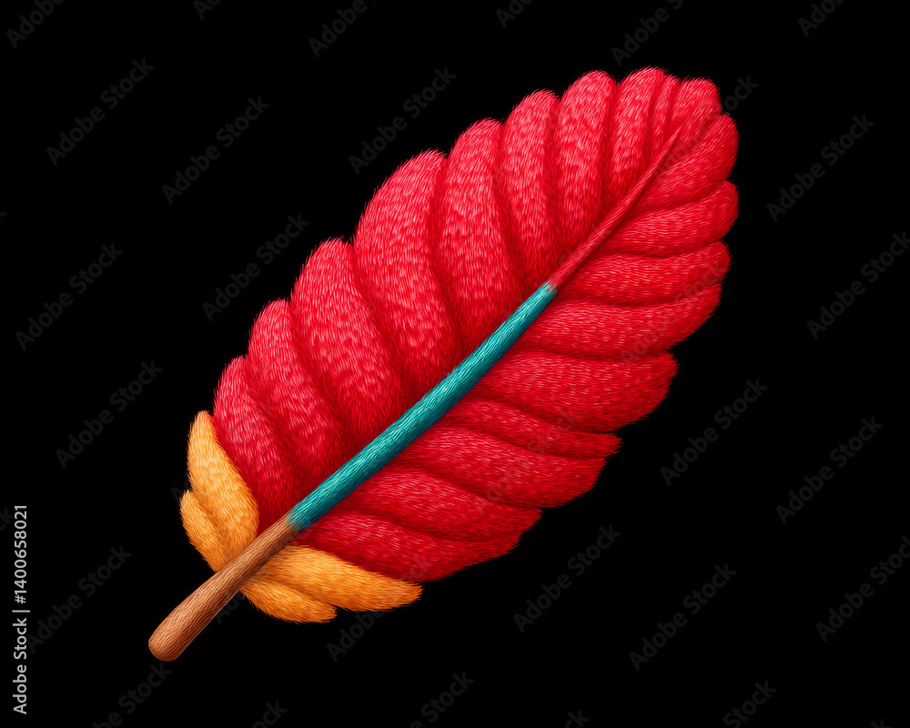 Stylized red feather with teal and orange accents on black background Stylized red feather with teal and orange accents on black background