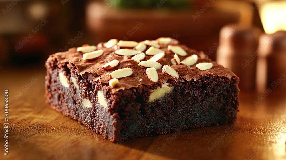 Chocolate brownies with gooey fudge center and crunchy almond topping