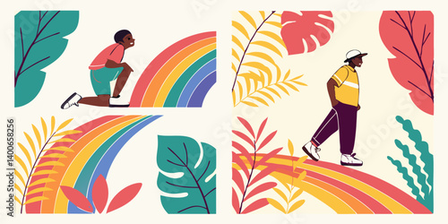Hopeful Rainbow Path Colorful Flat Vector Art People Kneeling Walking