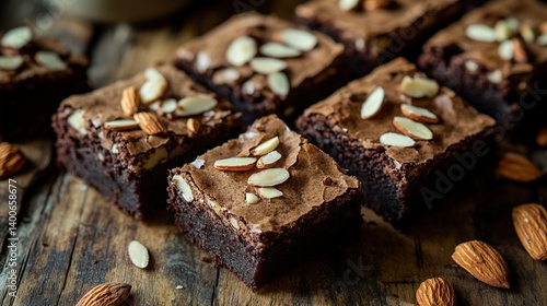 Obraz na płótnie Rich, fudgy brownies topped with slivered almonds for extra crunch and texture w salonie