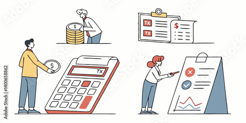 Finance Tax Business Vector Illustration People Calculator Checklist Chart Money Accounting Flat Design