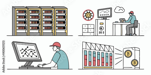 Data Center Servers, Bitcoin Mining, Data Monitoring Line Art Illustration