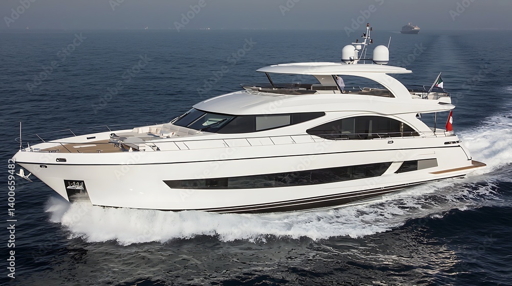 Luxurious motor yacht, sleek design, powerful propulsion, cruising on open water Luxurious motor yacht, sleek design, powerful propulsion, cruising on open water