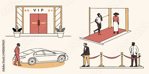 VIP Red Carpet Event Illustration Luxury Car Doormen Entrance Stylish People Flat Vector Design