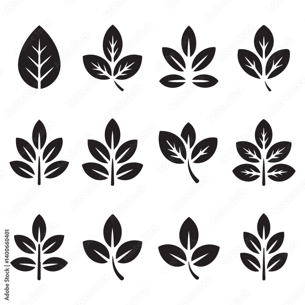 Collection of leaf icons. Vector Black silhouettes. with white background Collection of leaf icons. Vector Black silhouettes. with white background