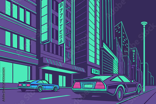 80s Retro Neon City Street Night Vaporwave Cars Synthwave Teal Purple Vector Art