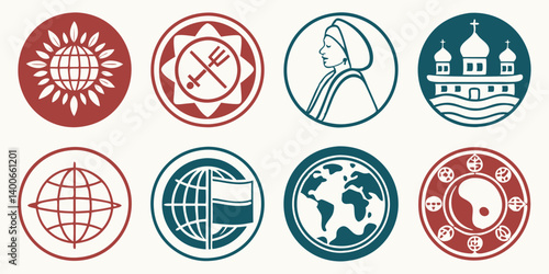 8 Red & Blue Circular Line Art Icons: Globe, Sun, Trident, Woman, Building, Yin Yang Emblems