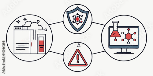 Cyber Security Network Protection Cloud Server Shield Atom Warning Sign Flat Vector Illustration