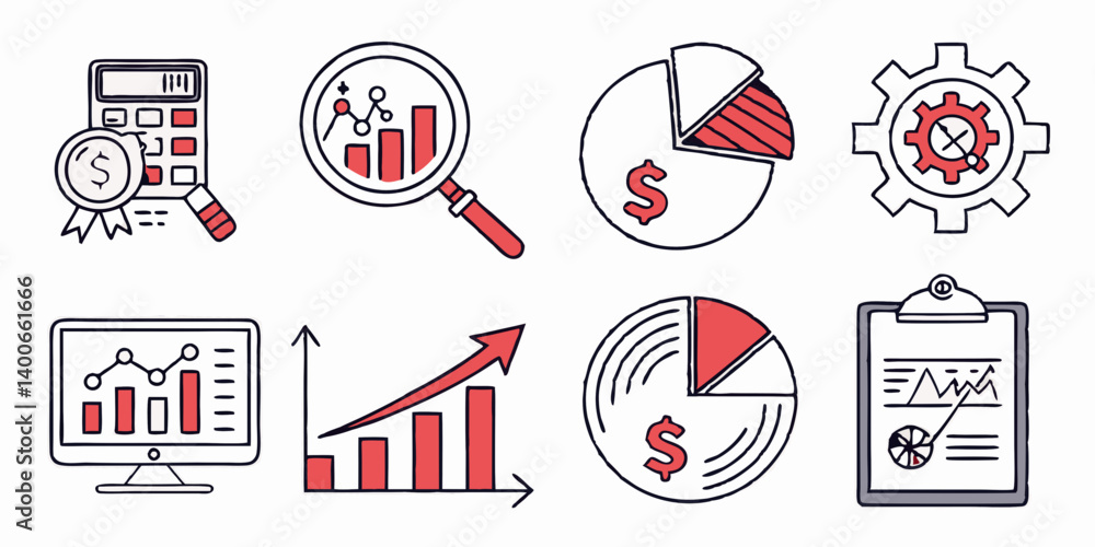 Business Finance Data Analysis Red Vector Icons Calculator Magnifying Glass Charts Graphs Business Finance Data Analysis Red Vector Icons Calculator Magnifying Glass Charts Graphs