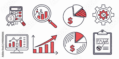 Business Finance Data Analysis Red Vector Icons Calculator Magnifying Glass Charts Graphs