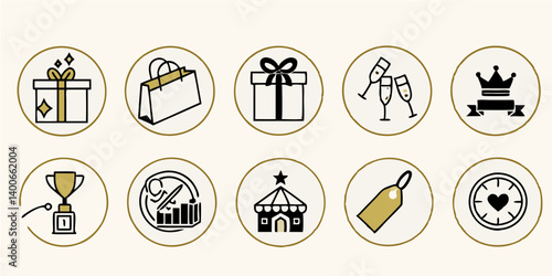 Black & Gold Round Line Art Icons Set: Gifts, Shopping, Party, Rewards, Events