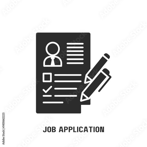Job application: A simplified silhouette depicts the essential components of job application process: a resume and pen symbolizing the act of completing forms.