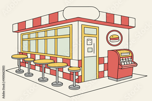 Cartoon Diner Restaurant Illustration: Retro Red White Fast Food Jukebox Outdoor Tables