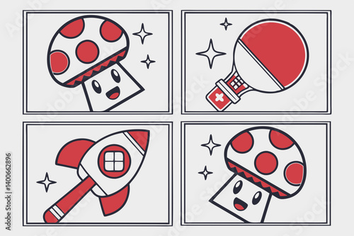 Cute Cartoon Mushroom Balloon Rocket Art Red and Black