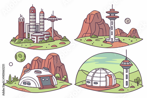 Cute Cartoon Futuristic Space Colony Cityscapes Vector Illustrations Alien Settlements Domes Towers Red Mars Planet Doodle Style Illustration