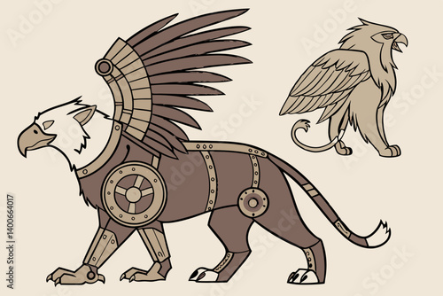 Detailed Steampunk Mechanical Griffin Fantasy Art Gears and Wings Illustration