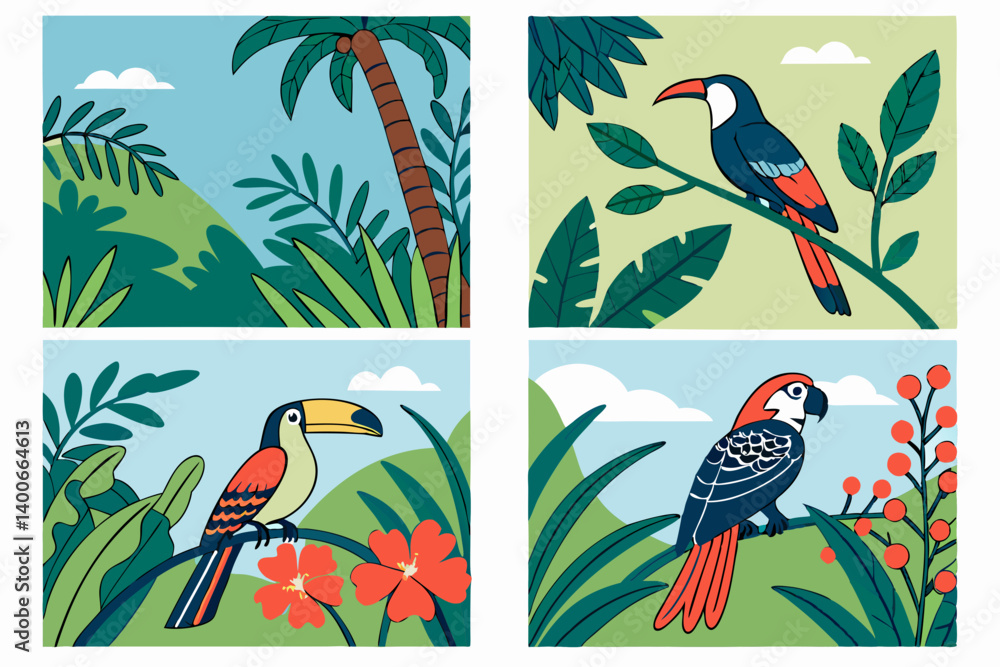 Obraz premium Colorful Exotic Tropical Bird Vector Illustration Set Toucan Macaw Parrot Jungle Flat Design Graphic Art Prints Postcards Greeting Cards Wall Decor