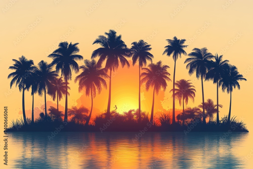 Obraz premium Silhouette icons of diverse coconut trees at sunset on a tranquil island reflection