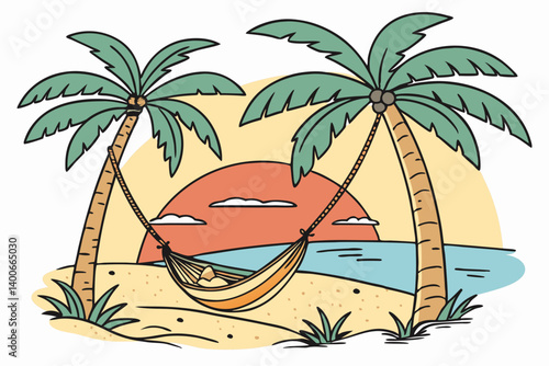 Relaxing in Hammock Tropical Beach Sunset Cartoon Palm Trees Illustration