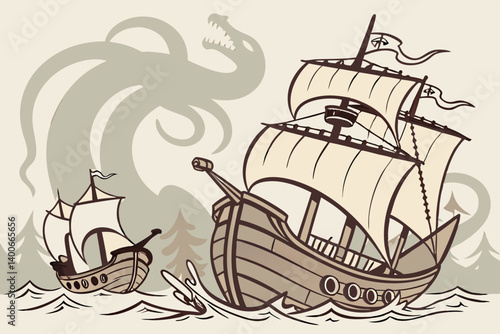 Vintage Cartoon Kraken Sea Monster vs Sailing Ships Maritime Adventure