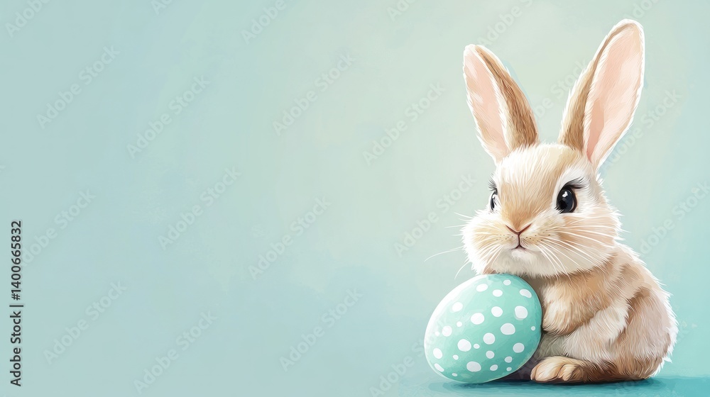 Fototapeta premium Cute Bunny Holding Easter Egg on Pastel Blue Background Illustration