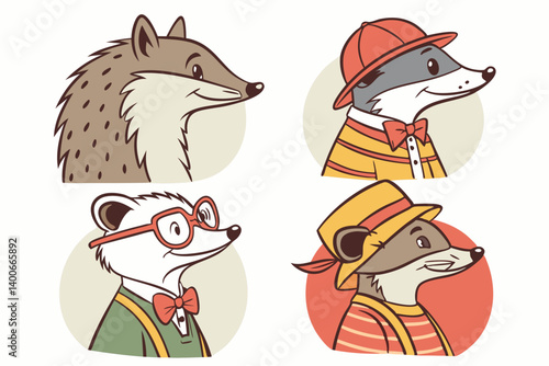 Cute Badger Characters Hats & Glasses Vector