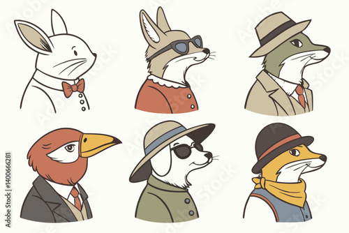 Vintage Style Cartoon Animals in Suits Hats Bow Tie Sunglasses