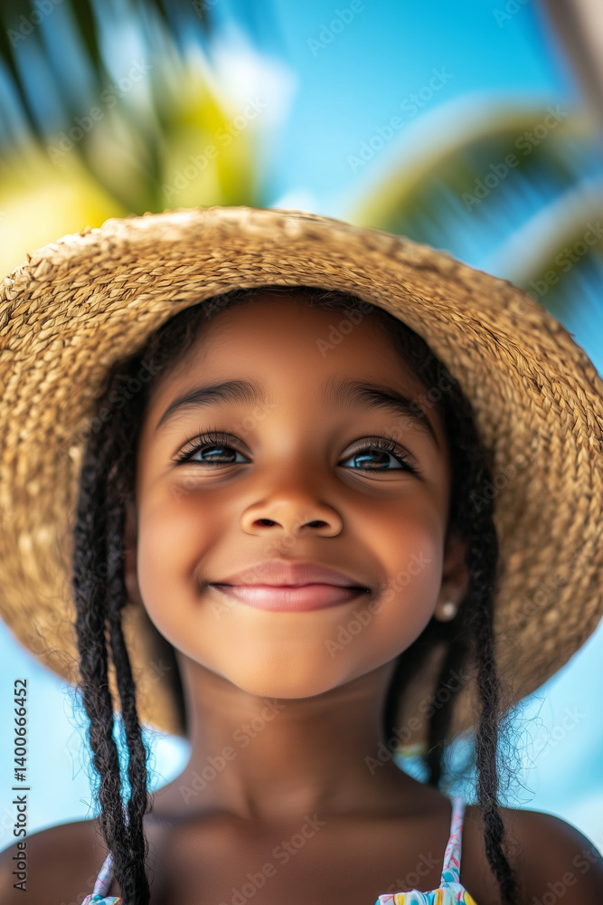 Cute little black girl smiling enjoying moment in straw hat against summer holiday blue sky background with palms.